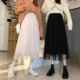 Spot large size fat mm black draped spliced ​​skirt for women with summer irregular long skirt mesh high waist slim fairy
