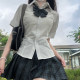 Meow Tai JK waist elastic shirt V -neck short -sleeved slimming shirt is thin, hot girl girl spring and summer white
