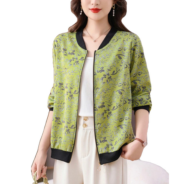 
Fashionable mother-wear chiffon printed cardigan long-sleeved jacket 2025 spring new large size loose versatile baseball uniform for women