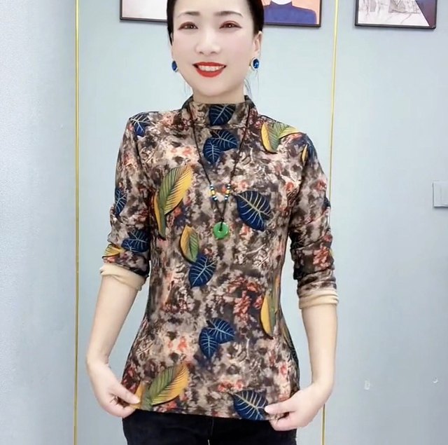 Fashionable printed mother's wear bottoming 2023 autumn new inner top half turtleneck long sleeve loose belly-covering slim T-shirt