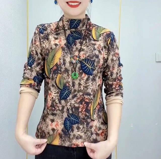 Fashionable printed mother's wear bottoming 2023 autumn new inner top half turtleneck long sleeve loose belly-covering slim T-shirt
