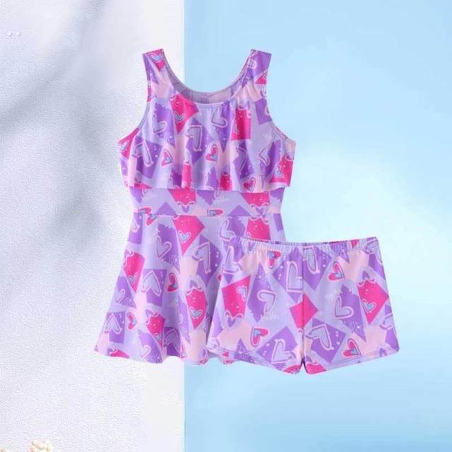 
Girls' swimsuit sports spliced split short-sleeved sun protection medium and large children's boxer briefs with chest pads quick-drying student swimsuit