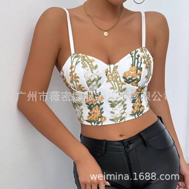 2024 European and American sexy embroidered cross-banded breast support backrest steel ring suspender small suspender 60912

