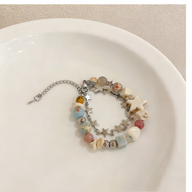 Double-layered bracelets for women, cream stars stacked, niche bestie beads, dopamine fashion, light luxury, exquisite high-end hand jewelry