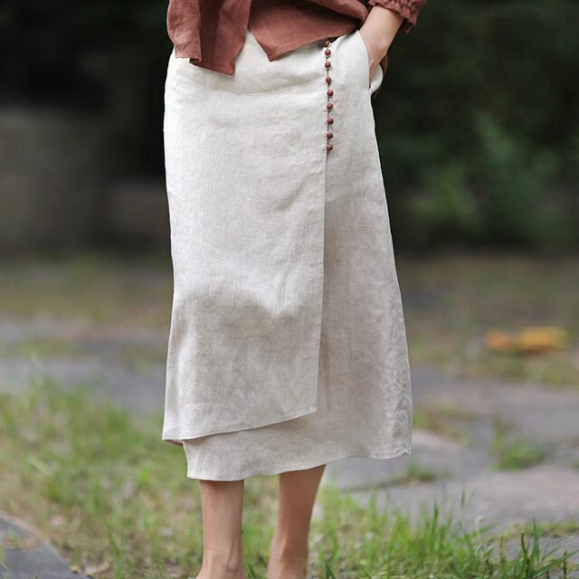 Solid color mid-length 2025 original hemp color literary irregular splicing skirt linen commuter slit A-line skirt summer
