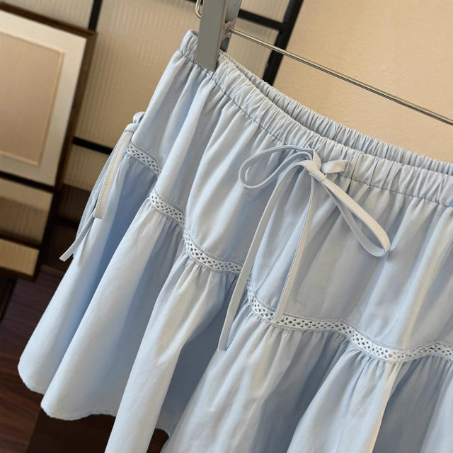 Sweet Bowbone Land Stitching A A -line Skirt Female Summer Worch Edge High -waisted Poisting Loose Skirt
