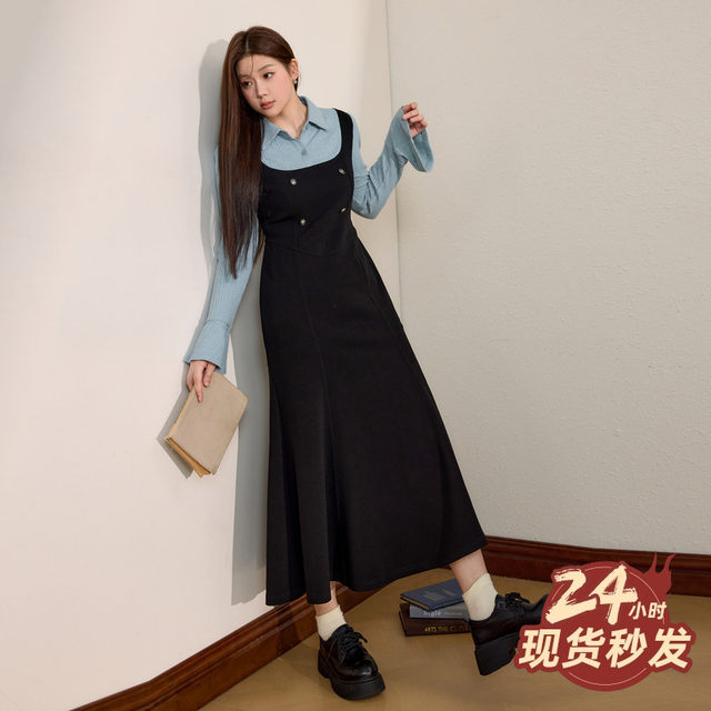 Ready stock Blue language plus size women's French elegant fake two-piece dress 2025 autumn slimming and flesh-covering A-line long skirt
