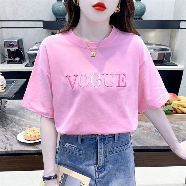 Fashion letter embroidery design short-sleeved T-shirt for women in summer loose and versatile pink round neck half-sleeved T-shirt top
