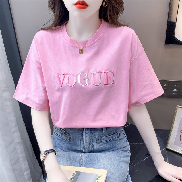 Fashion letter embroidery design short-sleeved T-shirt for women in summer loose and versatile pink round neck half-sleeved T-shirt top