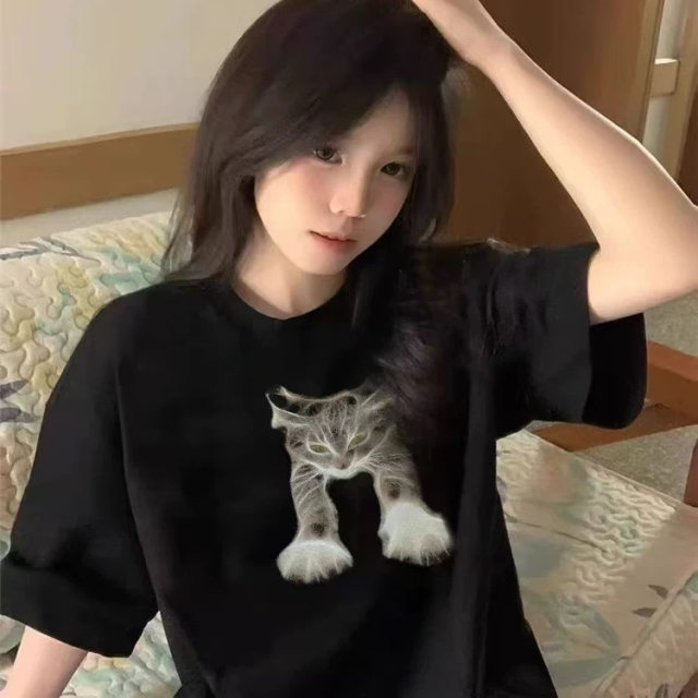 American fashion brand black short-sleeved T-shirt for women cartoon design niche 2025 new round neck straight shoulder pure cotton top