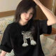 American fashion brand black short-sleeved T-shirt for women cartoon design niche 2025 new round neck straight shoulder pure cotton top