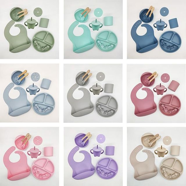 Mother, baby and child feeding tableware set for learning to eat, training fork and spoon, baby plate, bib, supplementary food, suction cup bowl set