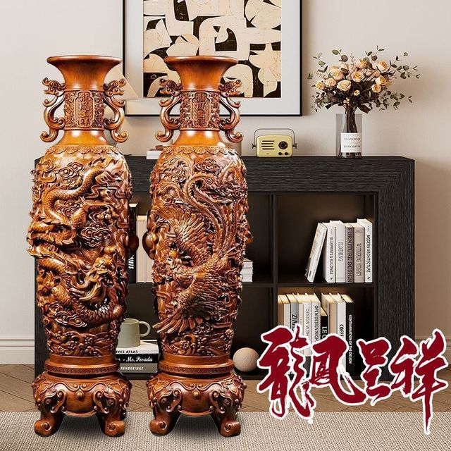 
Floor-standing vase, dragon and phoenix auspicious ornaments, a pair of Chinese-style home living room foyer decorations