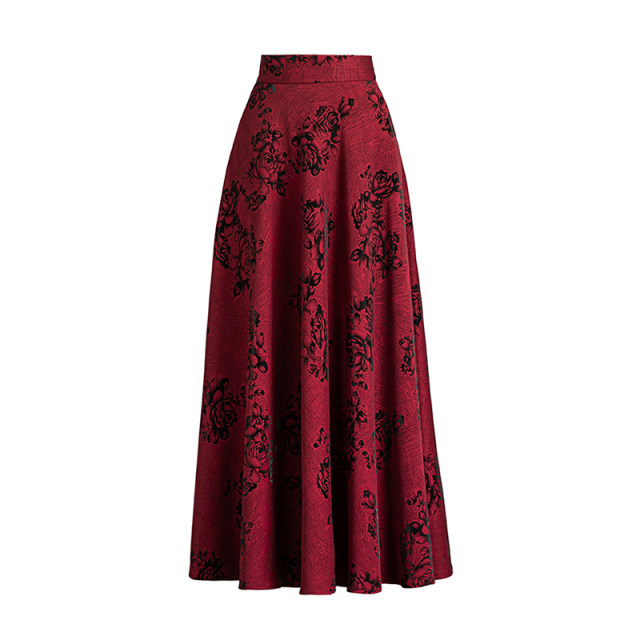 Spring and Autumn new printed temperament high-waisted A-line skirt for women mid-length large-size skirt versatile dancing long skirt