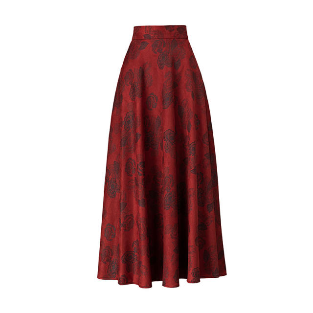 Women's autumn and winter 2025 new retro red printed A-line long skirt high waist large size draped dance skirt