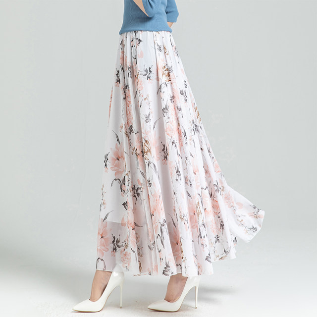 2025 summer new versatile floral chiffon half-body long skirt for women large size high waist mid-length A-line dance skirt