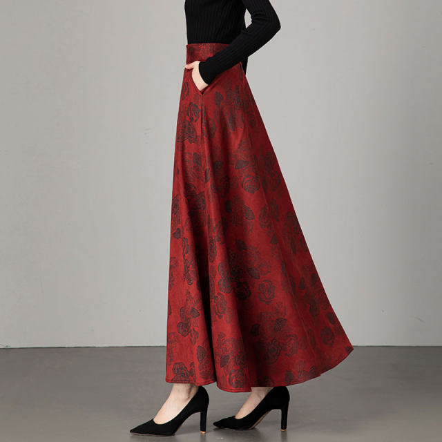 Women's autumn and winter 2025 new retro red printed A-line long skirt high waist large size draped dance skirt
