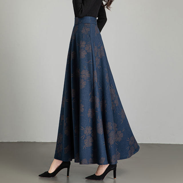 Autumn and winter printed skirt for women 2025 new high-waisted large size mid-length A-line large hem skirt draped and slim long skirt