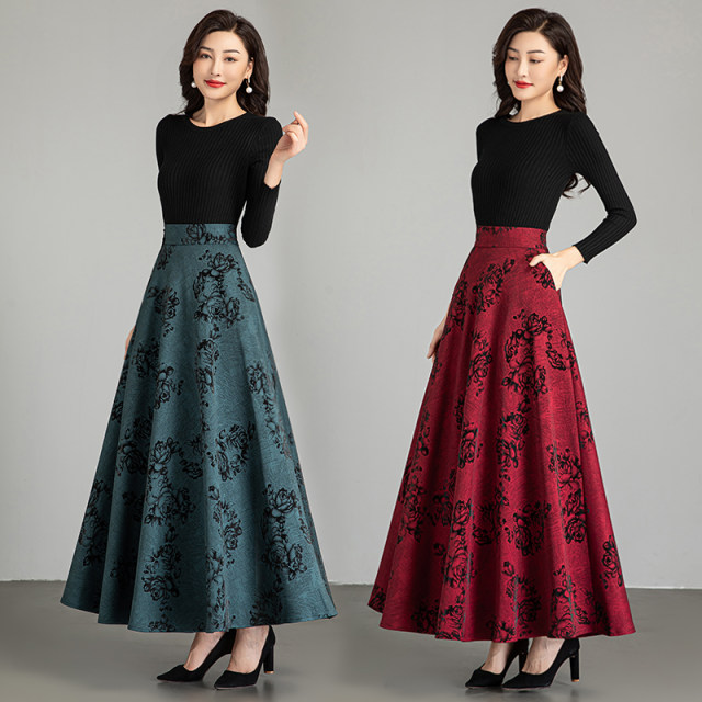 Spring and Autumn new printed temperament high-waisted A-line skirt for women mid-length large-size skirt versatile dancing long skirt