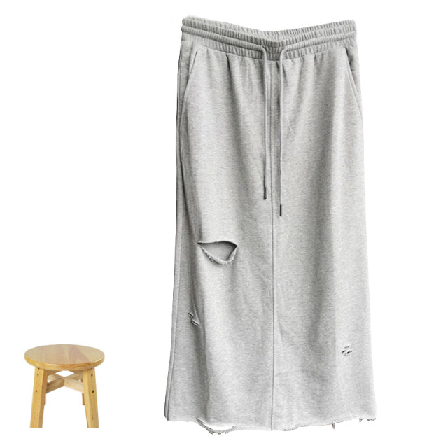 2025 summer gray high-waist casual skirt for women with large size drawstring elastic waist ripped sports versatile midi skirt
