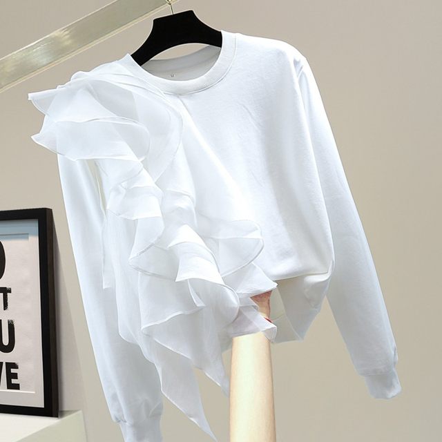 2025 summer Korean version loose slim design sense irregular ruffled solid color elastic cotton casual short-sleeved T-shirt