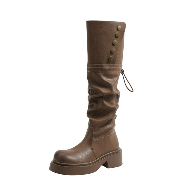 Genuine leather ~ Jiaoyu pleated pile boots two-wear foldable brown boots with thick heels and thick soles that are below the knee knight boots