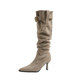 Genuine leather ~ Jiaoyu pointed toe slender boots for women, pile boots, belt buckle, pleated high-heeled boots, slim boots