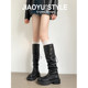 Genuine leather ~ Jiaoyu pleated pile boots two-wear foldable brown boots with thick heels and thick soles that are below the knee knight boots