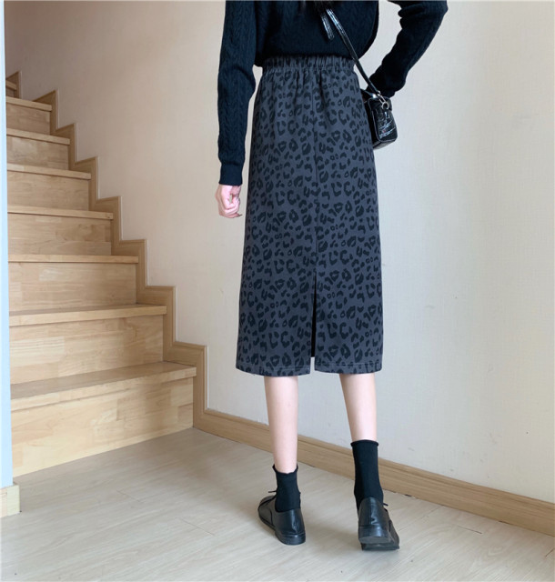 Retro leopard print elastic waist mid-length skirt autumn and winter new high-waisted large size A-line slit hip-packing one-step skirt