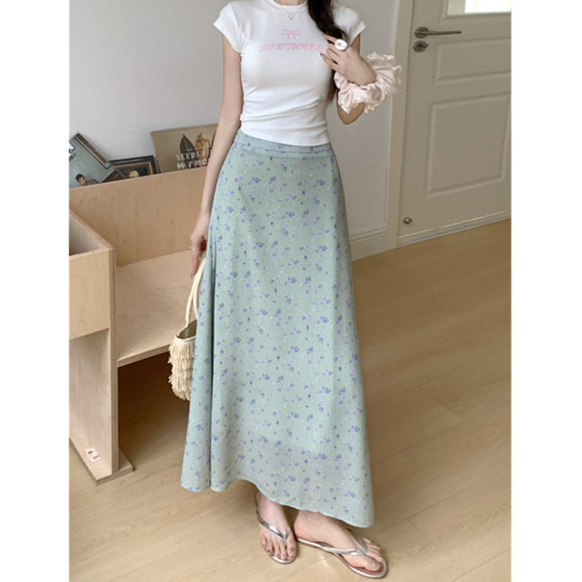 2024 new mint green floral chiffon skirt summer fat mm slimming meat to make you look versatile long skirt