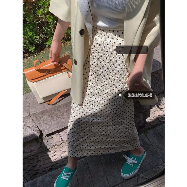 2024 summer new retro white polka dot skirt for women with large size texture small A-line straight long skirt