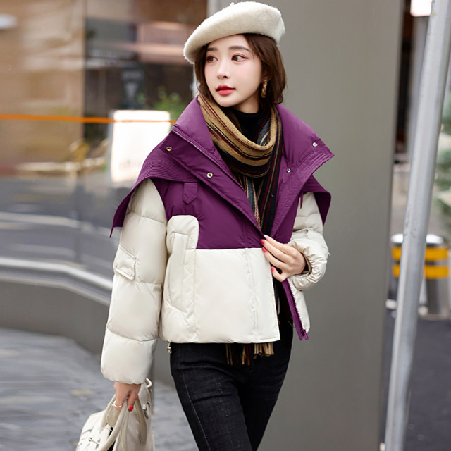 Contrast color knitted shawl down jacket 2024 winter new European station loose thickened white duck down jacket bread coat