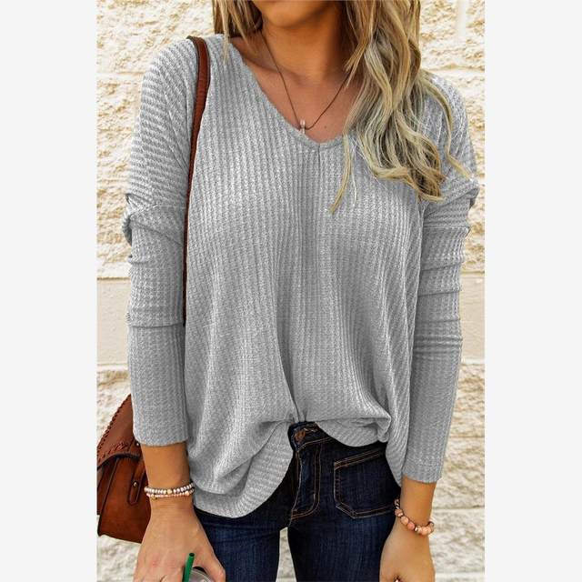 European and American style spring and autumn new V-neck blue loose pullover casual knitted long-sleeved T-shirt Women's T-shirt