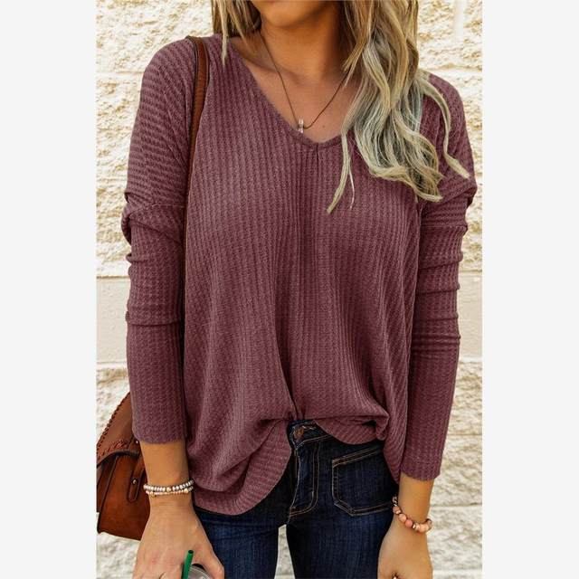 European and American style spring and autumn new V-neck blue loose pullover casual knitted long-sleeved T-shirt Women's T-shirt