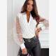 European and American Speed ​​Sales Spring and Autumn New White Fashion V -neck Switching Gargam Polid Point Long -sleeved T -shirt Bottom Broken Shirt