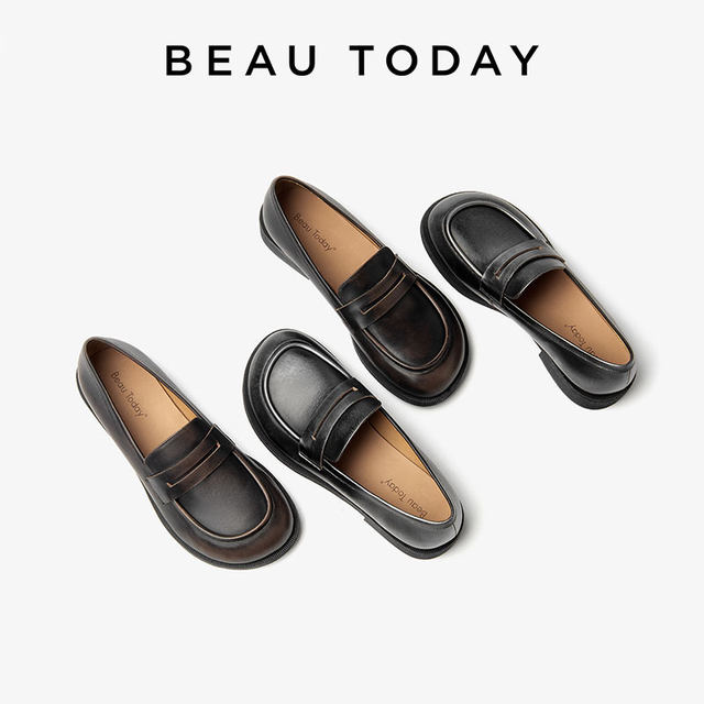 BeauToday genuine leather loafers for women in spring new BT British style leather shoes for women flat single shoes for women shallow mouth