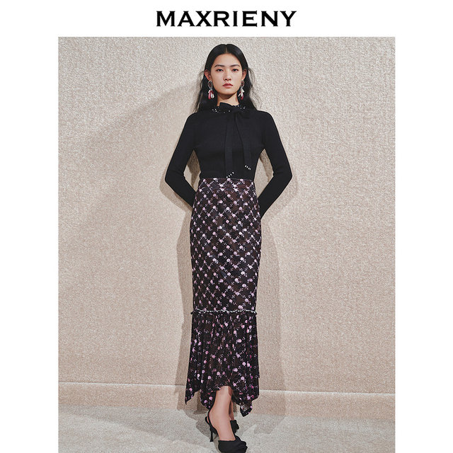 MAXRIENY romantic retro fishtail skirt 24 new winter French rose printed hip-pack skirt
