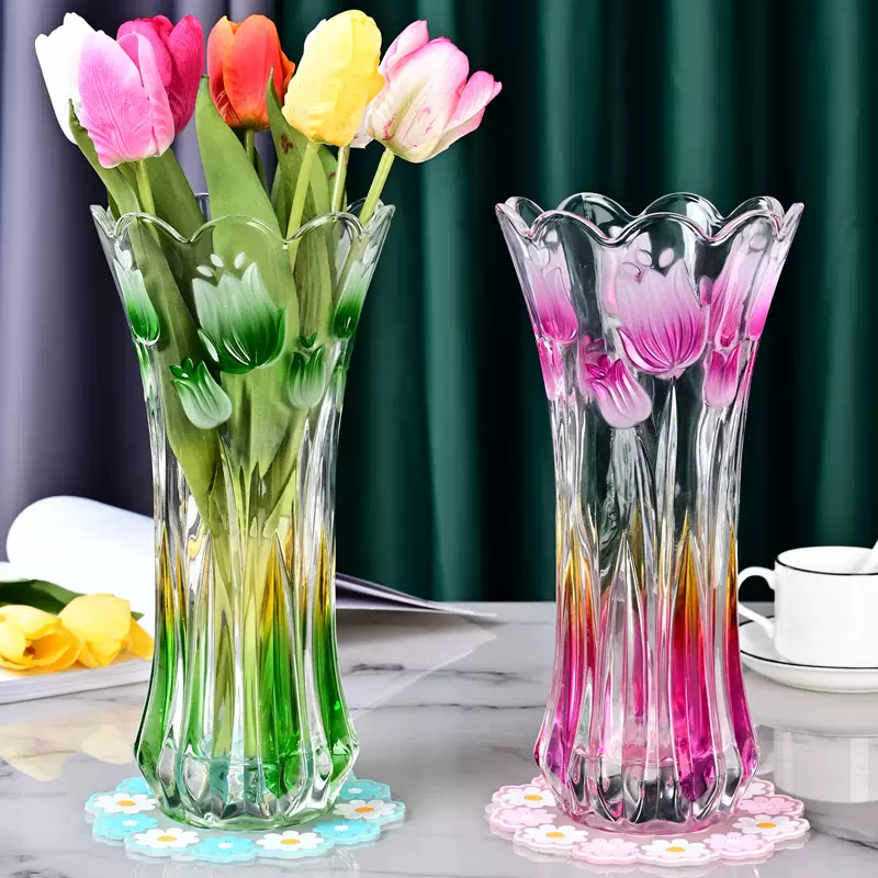 彩色透明花瓶玻璃水养富贵竹转运竹大码插仿真百合玫瑰