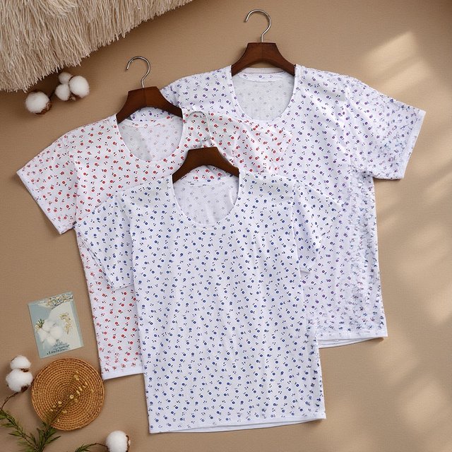 Elderly ladies pure cotton short-sleeved vest old man grandma printed half-sleeved T-shirt old woman loose pullover sweatshirt
