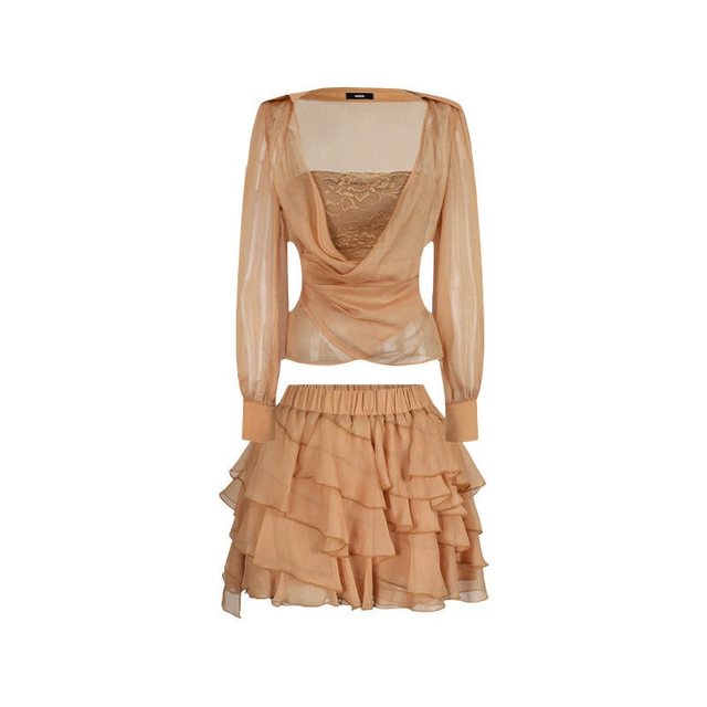 Plus size fat mm pure lust sexy lace top with suspender ruffle skirt women's early autumn slimming three-piece set