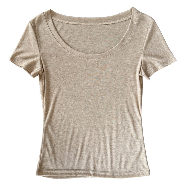 Grey big round neck knitted T-shirt for women short-sleeved 2025 new low-neck inner bottoming shirt for women thin half-sleeved top
