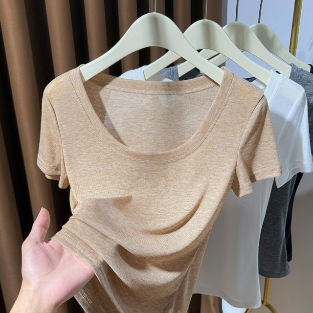 Grey big round neck knitted T-shirt for women short-sleeved 2025 new low-neck inner bottoming shirt for women thin half-sleeved top