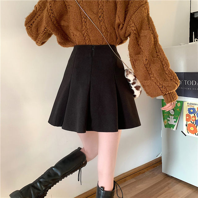 Mao woolen skirt autumn and winter large size fat MM high waist high waist versatile winter fluffy pleated skirt cover large swing A -line skirt