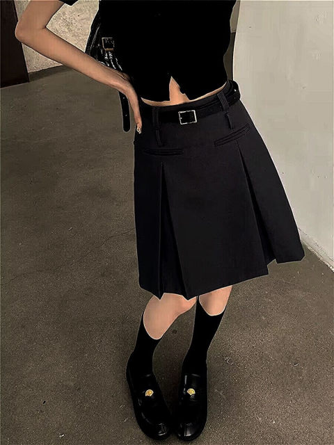 College style pleated skirt for women in summer large size fat mm retro gray A-line midskirt design temperament suit skirt