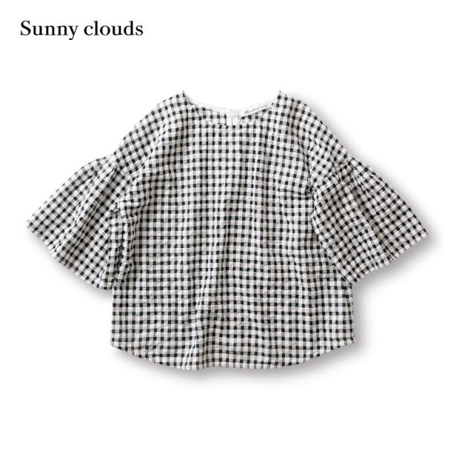 Sunny clouds Women's cotton puff flared sleeve black and white plaid hoodie hood