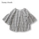 Sunny clouds Women's cotton puff flared sleeve black and white plaid hoodie hood