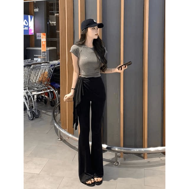 American-style front shoulder letter embroidered gray short-sleeved T-shirt for women's summer 2025 new slim fit and sexy girl short top