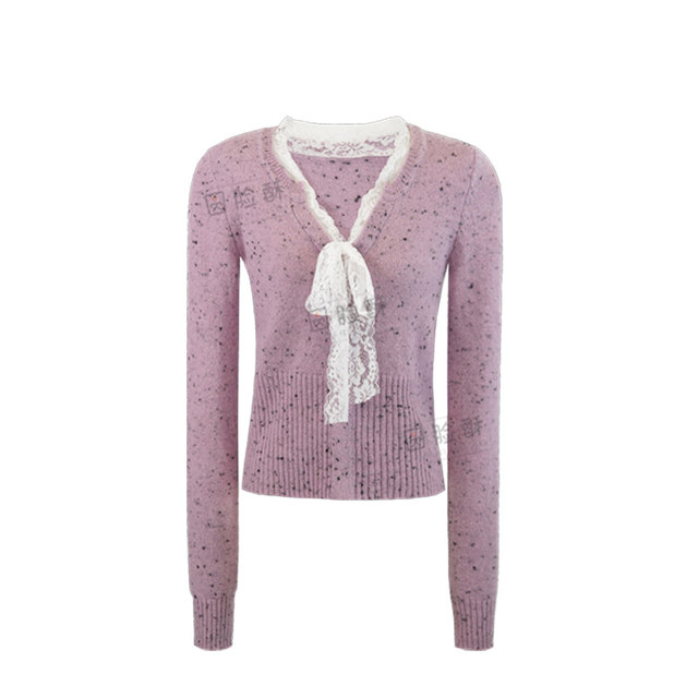 French style V-neck lace bow lace-up bottoming sweater for women in autumn and winter slim fit inner sweater top