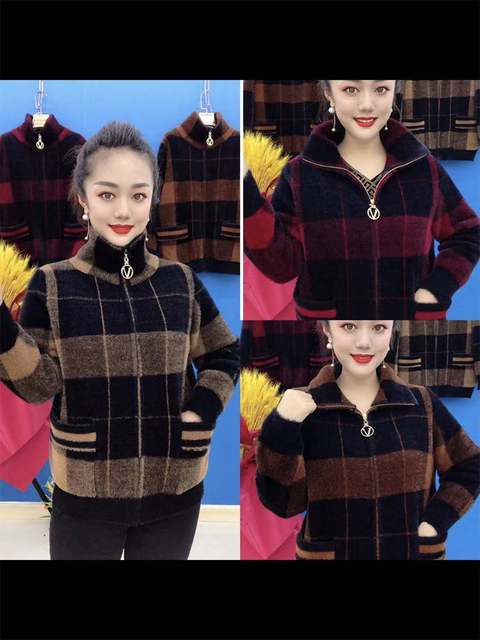 2022 Mink velvet two -use collar zipper short jacket long sleeves thick and warm mother pretending to be female middle -aged and elderly cardigan
