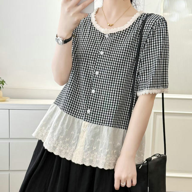Lace spliced ​​short-sleeved plaid shirt for women 2025 summer new fashionable and versatile shirt for small fragrance style age-reducing top